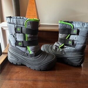 Gray and Black Winter Boots with Green Accents